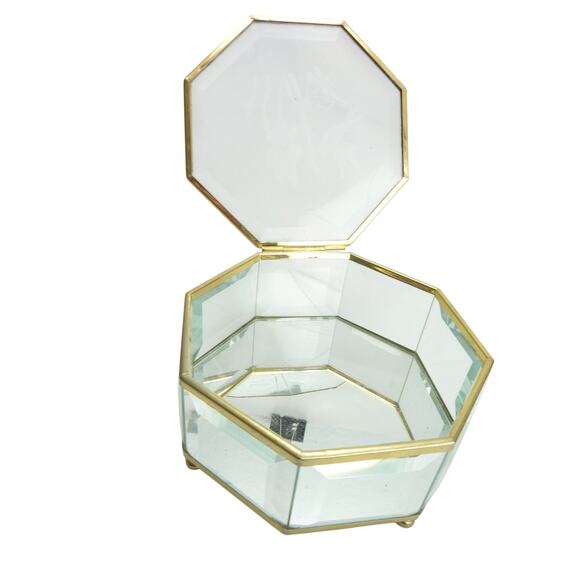 Vintage Etched Glass Brass Trinket Jewelry Box Chest Footed Hummingbirds - Picture 5 of 7